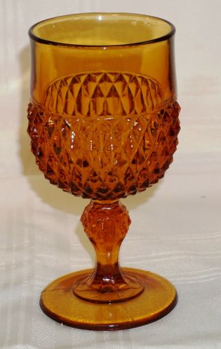 Vintage Indiana Glass Amber Diamond Point Goblet 2