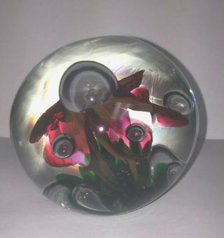 Vintage Glass Paperweight With Floral Theme And Air Bubbles - Marked 2.  5 Lbs.