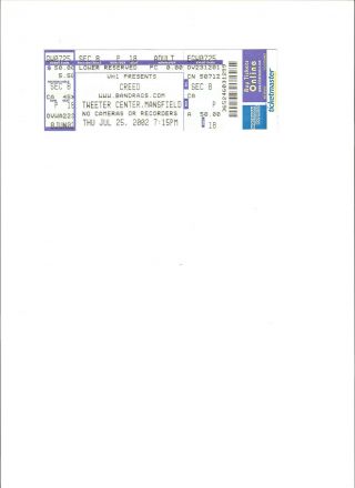 Creed Concert Ticket/stub 7 - 25 - 02 Tweeter Center Mansfield,  Ma Exc Cond