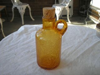 Vintage Pilgrim Hand Blown Amber Crackle Glass Bottle With Cork Stopper