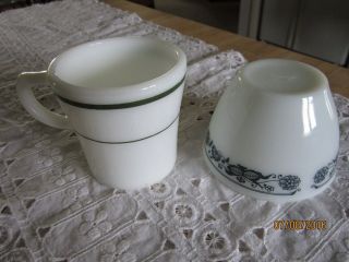 Pyrex Vintage Green Band Mug,  Sugar Bowl (no Lid) Blue Onion,  Glass Blower On Btm