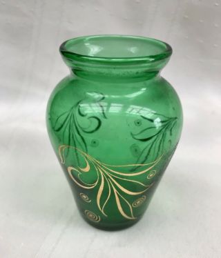 Vintage Anchor Hocking Forest Green Glass Vase With Gold Leaf Design 4 "