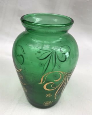 Vintage Anchor Hocking Forest Green Glass Vase with Gold Leaf Design 4 