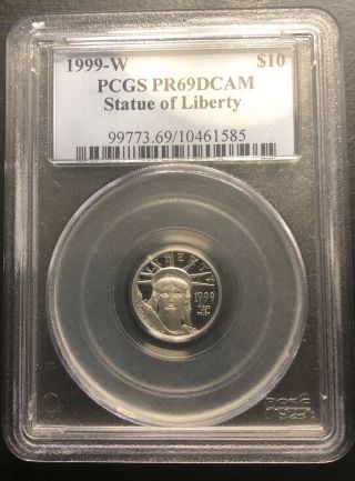 1999 W Platinum Eagle $10 Proof Statue Of Liberty 1/10 Oz Coin Pcgs Pr69 Dcam