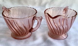 Vintage Pink Depression Glass Creamer And Sugar Bowl Set In A Swirled Pattern