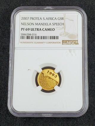 2007 Protea South Africa 5 Rand Gold 1/10 Oz Gold Pf69 Uc Nelson Mandela