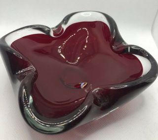 Vtg Mid Century Murano Art Glass Ruby Red Ashtray Dish