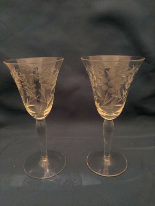Set Of Two Antique Etched Glass Glasses