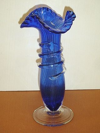 Hand Crafted Cobalt Blue Glass Ribbed Vase Ruffled Rim And Applied Clear Spiral