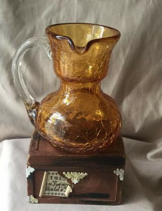 Vintage Blenko Crackle Glass Mini 4”pitcher Side Pour Hand Blown Applied Handle