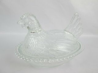 Vintage Indiana Glass,  Clear Glass Hen On Nest Covered Chicken Dish