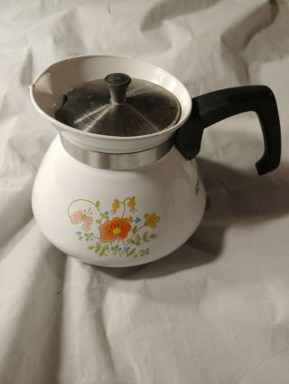 Corning Ware 6 Cup Teapot White Tea Pot Kettle Wildflower P - 104 Stainless Lid