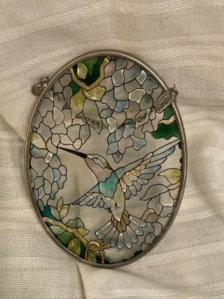 Amia 5” Oval Suncatcher Stained - Glass Look Hand Painted " Flowers & Hummingbirds "