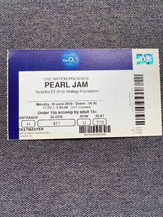 2018 Pearl Jam Concert Ticket Stub 18 June London Uk O2 Arena Vedder