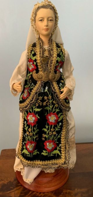 Vintage Souvenir 14 " Bisque Doll Mounted On Wooden Pedestal – Greek Costume