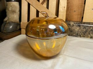 Vintage Marigold Carnival Glass Apple Shaped Covered Candy Dish