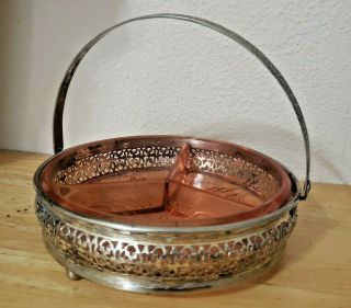 Vintage Pink Depression Glass Divided Relish Dish W/ Metal Handle Tray
