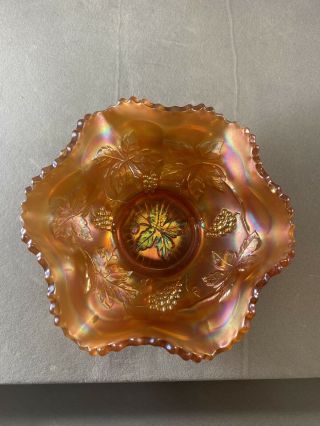 Antique Fenton Marigold Carnival Glass Ruffle Bowl With Grape Leaf Pattern