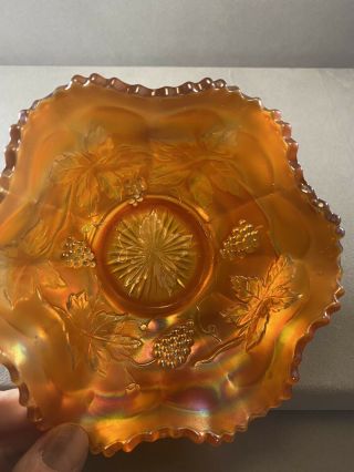 Antique Fenton Marigold Carnival Glass Ruffle Bowl With Grape Leaf Pattern 2