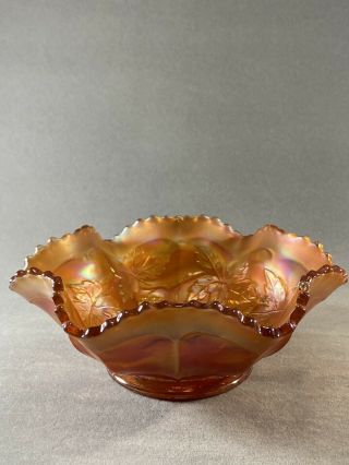 Antique Fenton Marigold Carnival Glass Ruffle Bowl With Grape Leaf Pattern 3