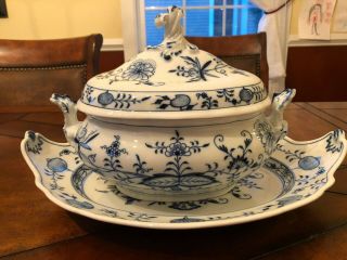 Vintage Antique Meissen Porcelain Blue Onion Large Serving Soup Tureen W/ Plate