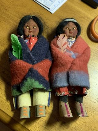 Vintage Skookum Signed Native American Indian Doll Pair Couple 6”