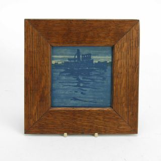 Marblehead Pottery Tugboat Ship Ocean Decorated Arts & Crafts Matte Blue Tile