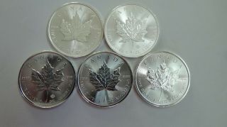 5 - 2016 1 Oz Canadian Silver Maple Leaf Coin.  9999 Fine Silver