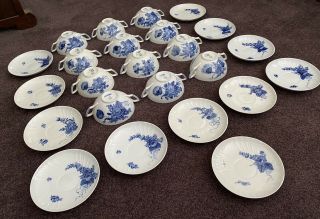 Vintage 12 Royal Copenhagen Cream Soup Bowls And Saucers 1872 Blue Flowers