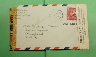 Dr Who 1943 Haiti Port Au Prince Airmail Wwii Dual Censored To Usa F75849