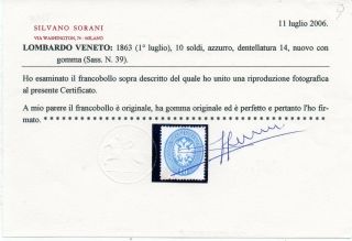 1863 ITALY LOMBARDY - VENETIA SA 39 10 SOLDI BLUE $34000.  00 3