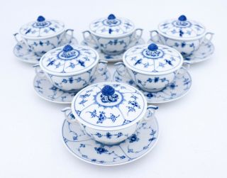6 Bouillon Cups 2199 - Blue Fluted - Royal Copenhagen - Plain Lace