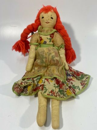 Vintage Red Braided Hair Cloth Doll 16 " Embroidered Face Girl
