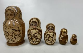 Vintage Russian Wood Nesting Dolls Set Of 5 In 1 - Up To 7.  25 " Tall