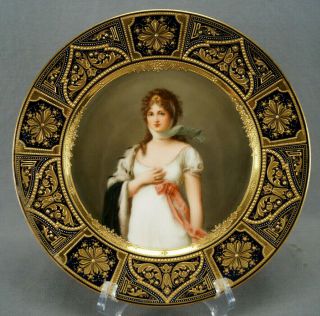 Royal Vienna Style Signed Wagner Queen Louise Cobalt Beaded Gold Portrait Plate