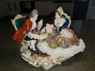 Aelteste Volkstedt Dresden German Lace Porcelain Figurine Playing Chess
