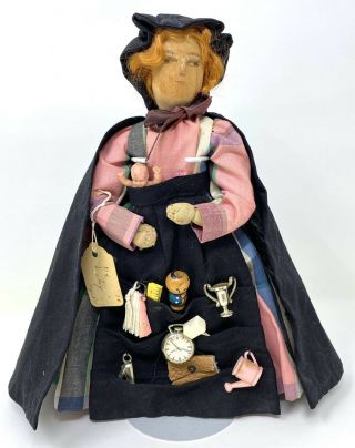 9 - 1/2” Hand Carved Spool Head Peddler Doll,  Made By Vicky,  Age 84