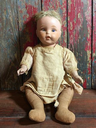 Vtg Antique Eih Horsman Composition/bisque Baby Doll W Painted Eyes/cloth Legs