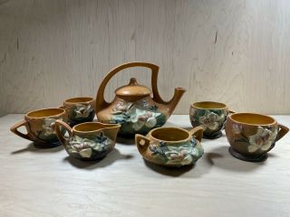 Vintage Roseville Pottery Magnolia Large Tea Pot,  Creamer & Sugar Set,  Tea Cups