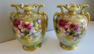 Huge Gorgeous Nippon Texas Rose Vases Beaded Gold Gilt