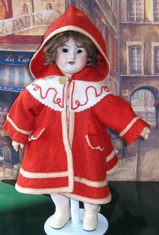 Bleuette Doll Coat,  Vintage Handmade - Hooded Red,  White With Scroll Embroidery