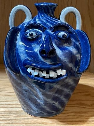 Folk Art Pottery - A.  V.  Smith - North Carolina - Blue Swirl Face Jug - Perfect