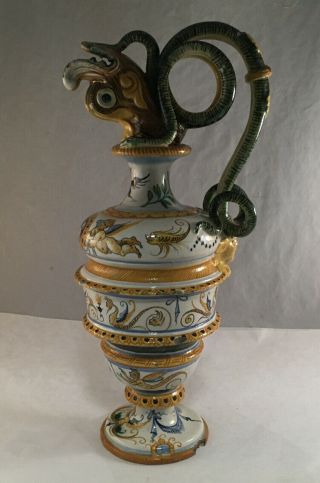 Antique Italian Majolica Fiance Pottery Hand Painted Snake Handled Pitcher Ewer