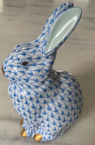 Herend Sitting Rabbit Figurine Blue Fishnet Hand Made & Painted
