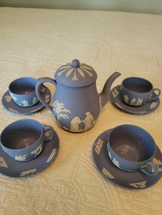 Wedgwood China Cream On Blue Jasper Ware.  Coffee Pot With 4 Cups And 4 Saucers.