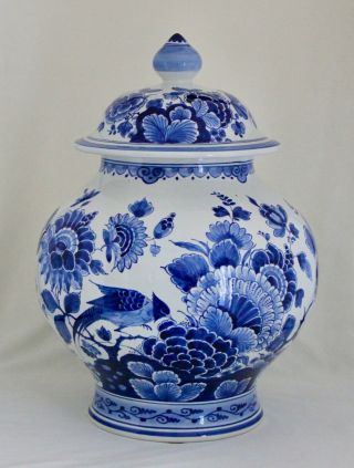 Large Royal Delft De Porceleyne Fles Blue & White Round Covered Ginger Jar 15 "