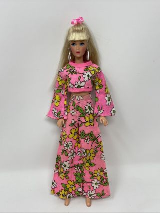 Vintage Barbie Clone Doll Outfit Mod Era Pink Floral Crop Top Bell Bottom Pants