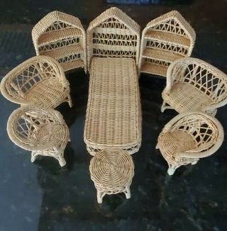Vintage Barbie Doll 9 Piece Wicker Rattan Bed Chairs Table Furniture 1970 