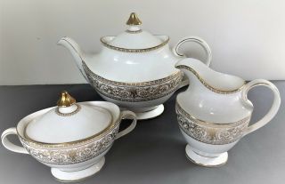 Royal Doulton Sovereign Gold Scroll And Leaf Rim - Teapot,  Sugar And Creamer