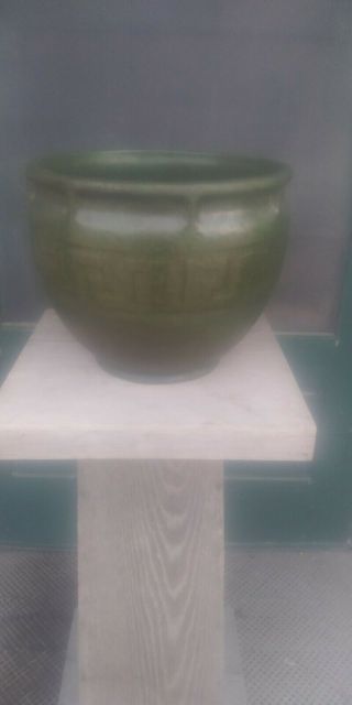 Large Mission Arts And Crafts 15 " Dark Matte Green Vase Brush Greek Key